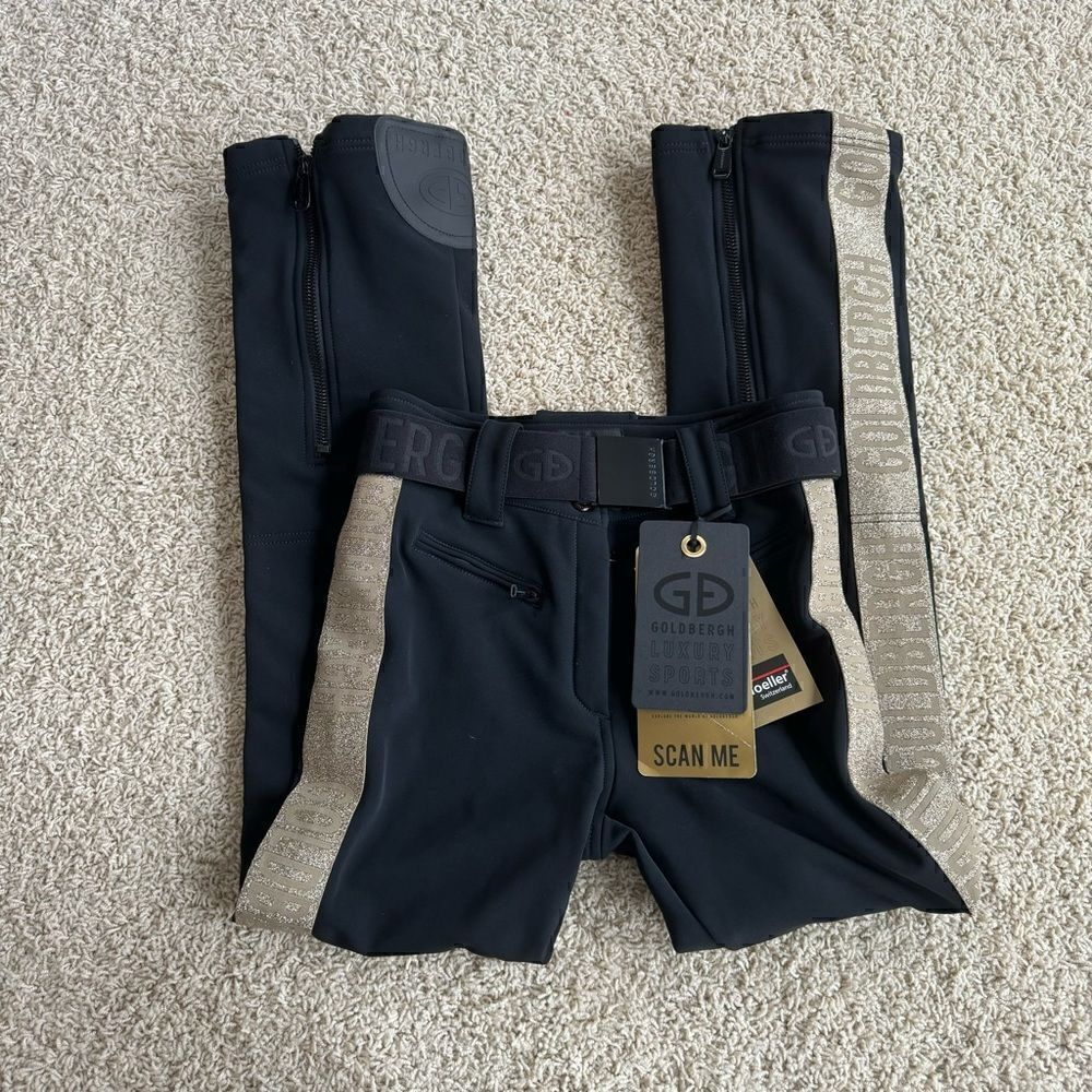 Goldbergh Pam Pippa Belted Ski Pants Black Gold Metallic Logo Waterproof NWT 8